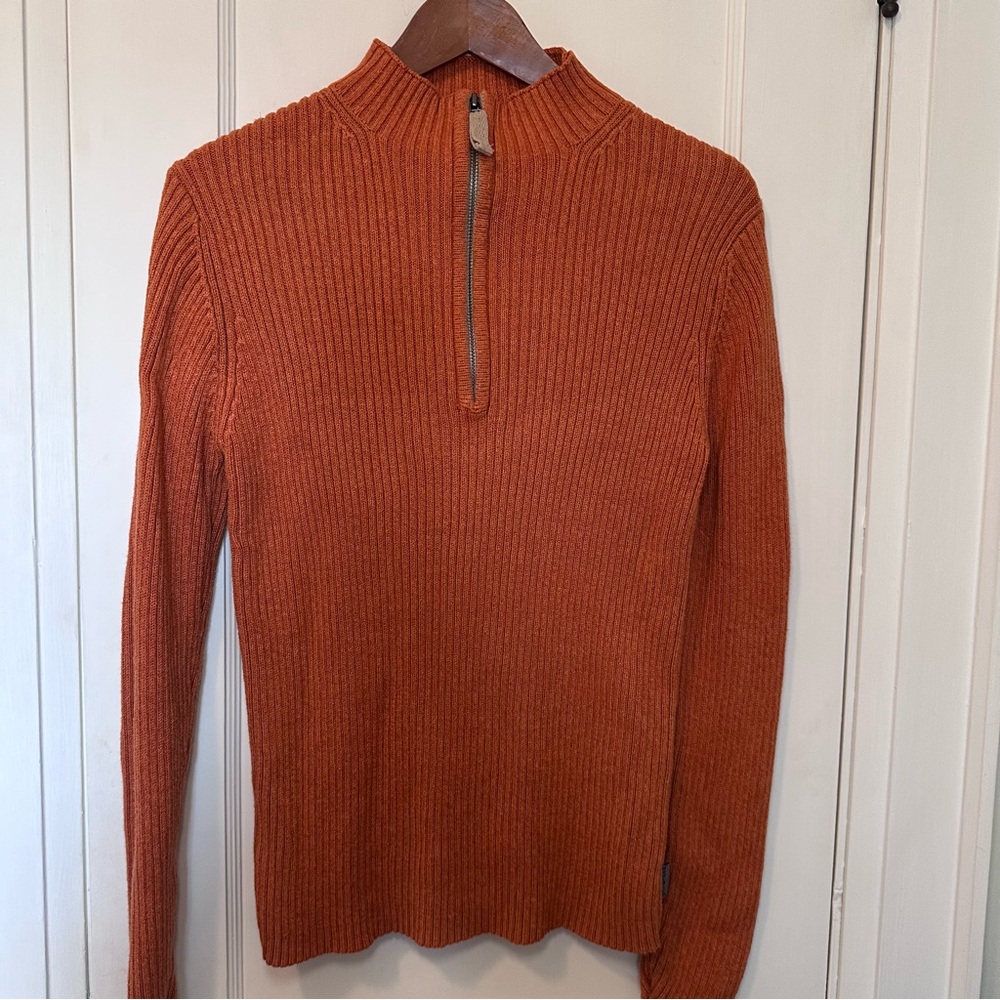 Woolrich 1/4 Zip Ribbed Sweater, Ramie/Cotton Blend, Pumpkin Heather, Fall, Cozy